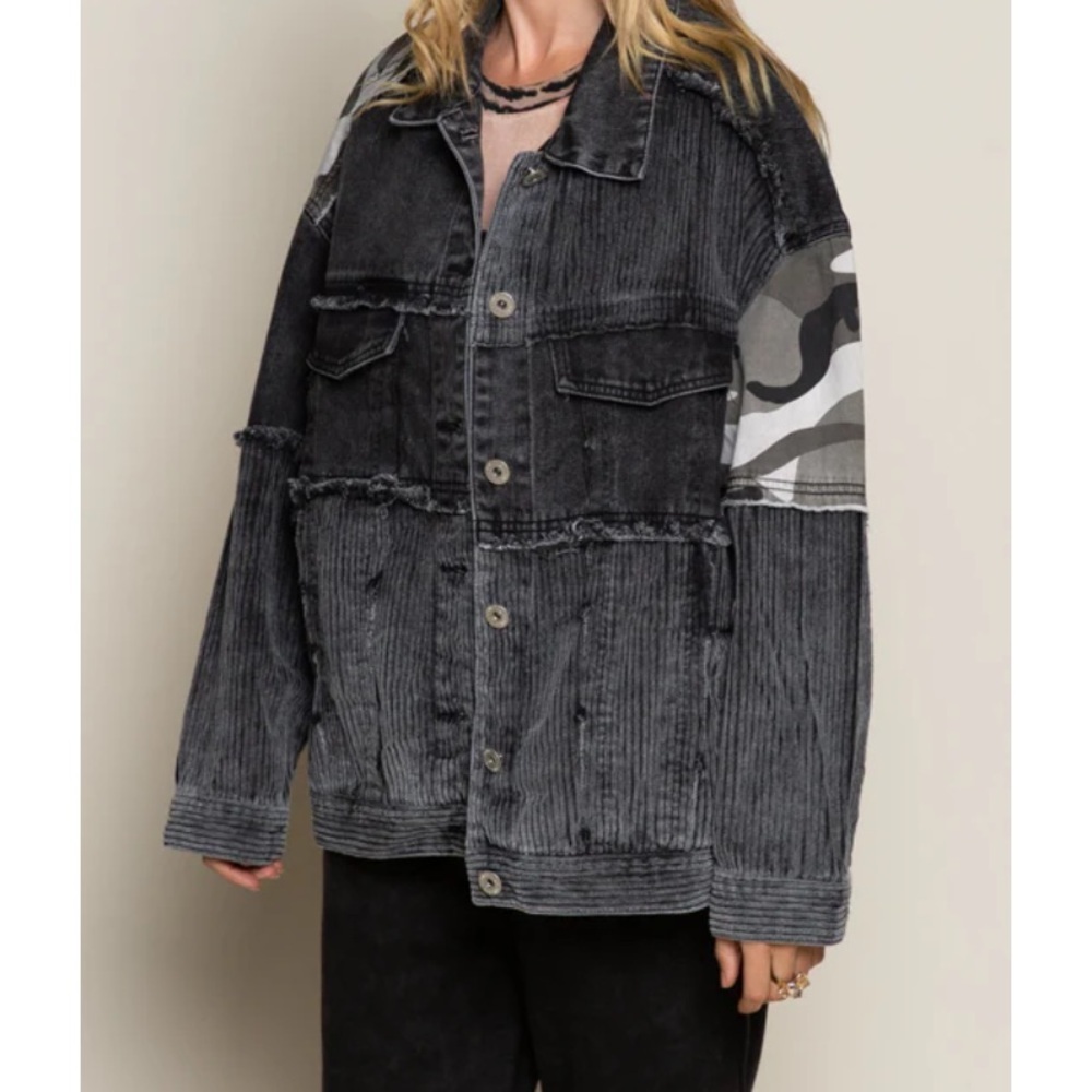 Pol Women's Patchwork Denim Corduroy Jacket Black Size S Button-Up